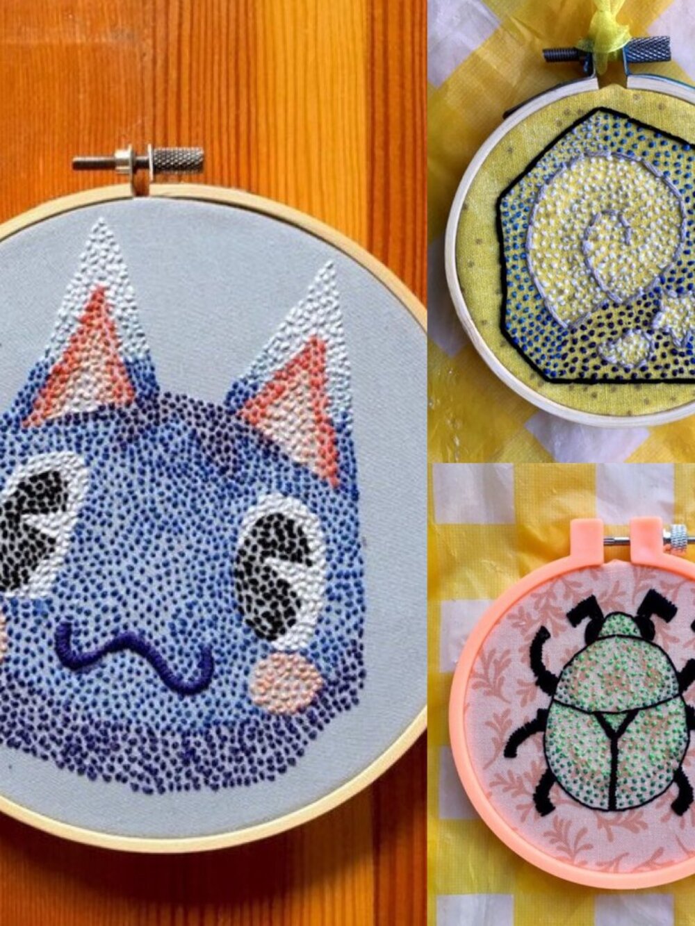 Lot of 3 Animal Crossing Wall Hangings | Hand-Embroidered Pixel Hoop Art | Cute!
